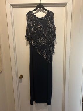 SLNY Navy Maxi Dress with White Floral Overlay